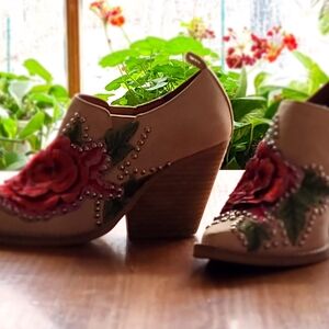 Jeffrey Campbell Tan Heeled Boots with Red Floral Design